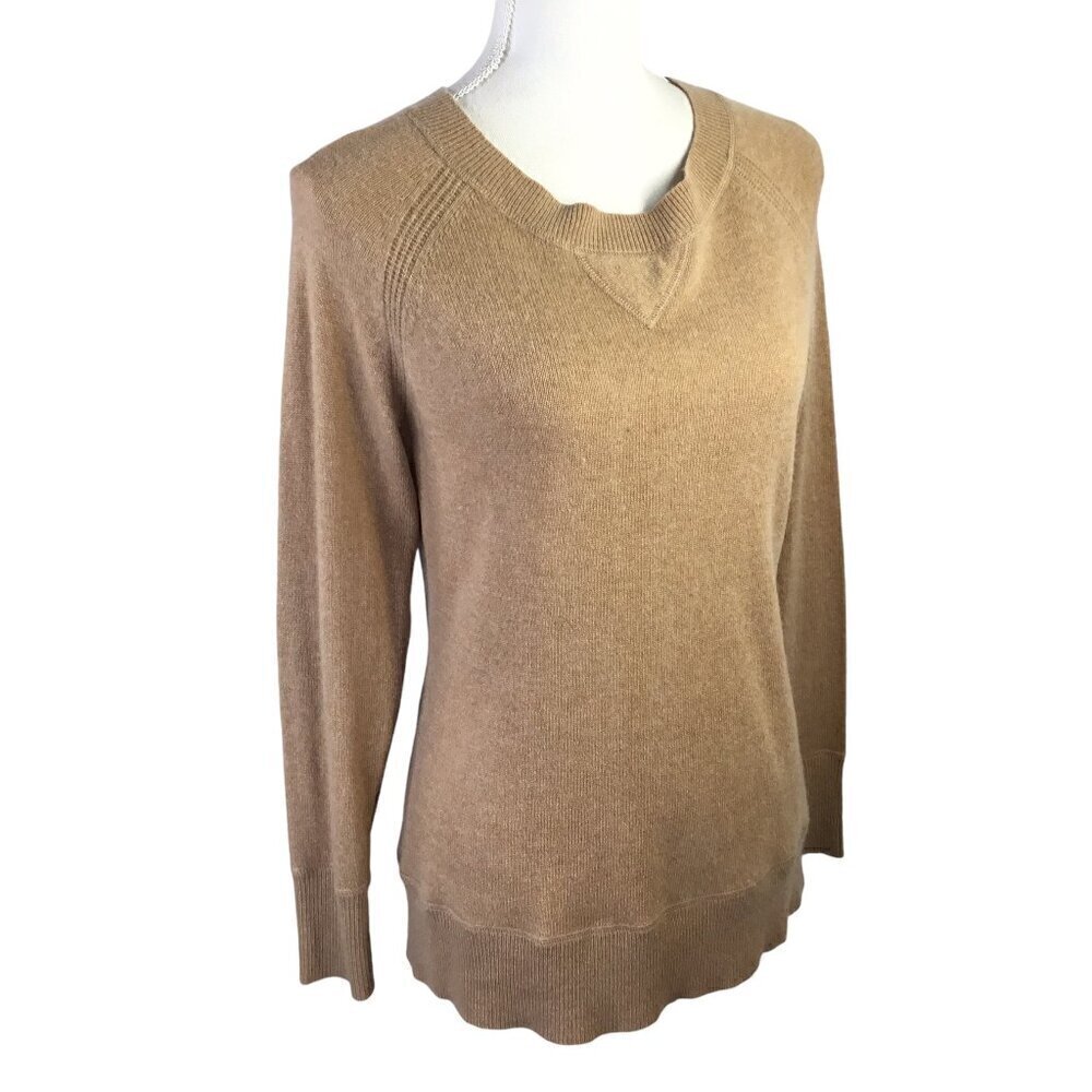 Vertical Design Cashmere Wool Blend Sweater Long Sleeve Beige Size M Elbow Patch - Picture 2 of 8